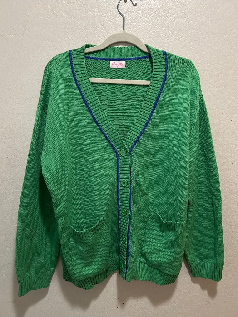 Pink Lily Women's Green Button-Front Cardigan with Contrast Trim NWOT